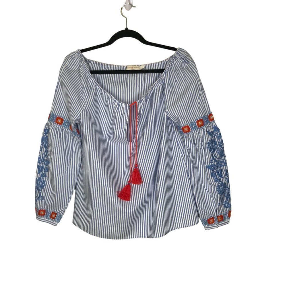TORY Burch Blue & White Striped With Embroidery Boho Style Top Size 2